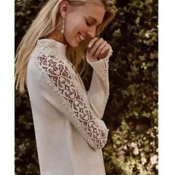 Anthropologie Knitted & Knotted Mattina Ivory Crochet Lace Sweater Small Petite - Picture 1 of 13